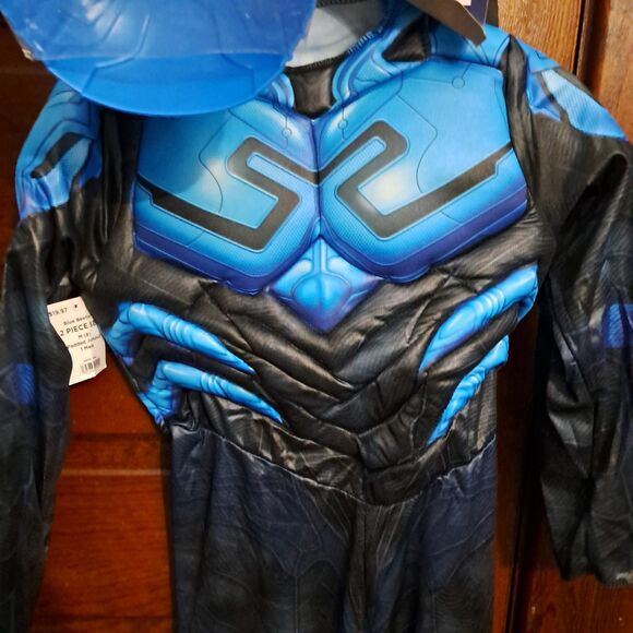 DC Blue Beetle Halloween Costume Medium 8 Kids Jumpsuit Mask Comic Book Hero - Picture 8 of 14